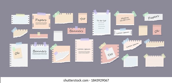 White and colorful striped note, copybook, notebook sheet. Paper notes on stickers, notepads and memo messages torn paper sheets. Office and school stationery, memo stickers. Vector illustration.