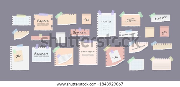 White and colorful striped note, copybook,\
notebook sheet. Paper notes on stickers, notepads and memo messages\
torn paper sheets. Office and school stationery, memo stickers.\
Vector illustration.