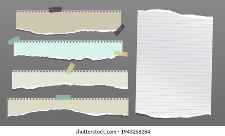 White, colorful torn note, notebook paper pieces are on dark grey background for text, advertising or design. Vector illustration