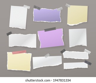 White, colorful torn note, notebook paper pieces are on dark grey background for text, advertising or design. Vector illustration