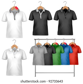 White and colorful t-shirt design template. Clothes hanger with shirts with price tags. Vector illustration.