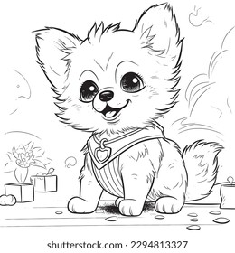 Wolf ,Black and white coloring pages for kids, simple lines, cartoon style, happy, cute, funny, animal in the world