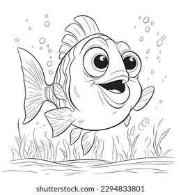 Fish ,Black and white coloring pages for kids, simple lines, cartoon style, happy, cute, funny, animal in the world