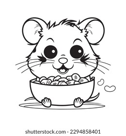 Hamster ,Black and white coloring pages for kids, simple lines, cartoon style, happy, cute, funny, animal in the world