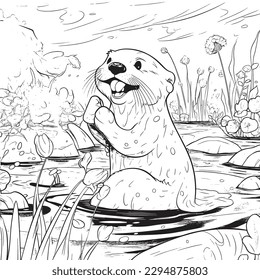 Otter, páginas de color negro y blanco para los niños, líneas simples, estilo de dibujos animados, feliz, lindo, divertido, animal en el mundo