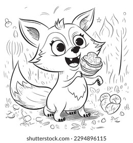 Fox ,Black and white coloring pages for kids, simple lines, cartoon style, happy, cute, funny, animal in the world