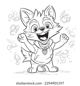 Fox ,Black and white coloring pages for kids, simple lines, cartoon style, happy, cute, funny, animal in the world