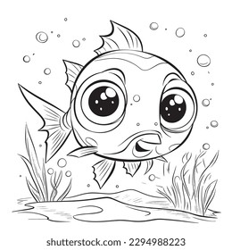 Fish ,Black and white coloring pages for kids, simple lines, cartoon style, happy, cute, funny, animal in the world