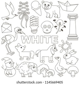 White Colorless Objects Color elements set, collection of coloring book template, the group of outline digital elements vector illustration, kid educational game page.