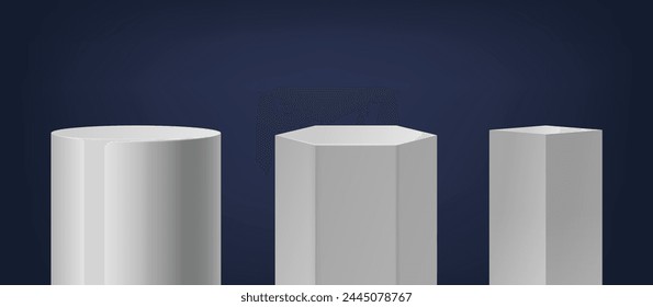 White Column Podiums. Vector Round, Hexagonal and Square Shaped Pillars For Events, Speeches, And Presentations