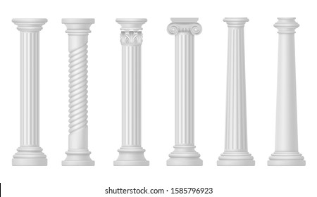 White columns, classic Roman and Greek style ancient architecture vector elements. White marble or stone pillar columns with ornate capitals and baroque patterns design