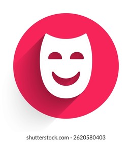 White Comedy theatrical mask icon isolated with long shadow. Red circle button. Vector