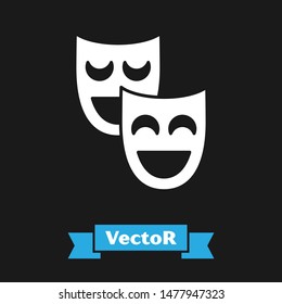 White Comedy theatrical masks icon isolated on black background.  Vector Illustration