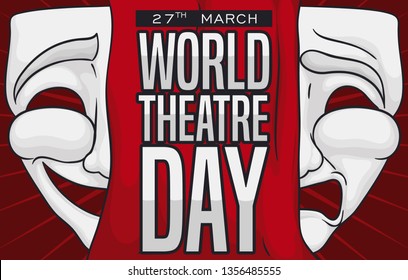 White comedy and tragedy masks with a red curtain in middle of it, promoting World Theatre Day celebration this 27th March.