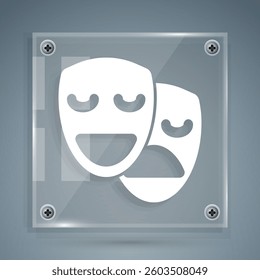 White Comedy and tragedy theatrical masks icon isolated on grey background. Square glass panels. Vector