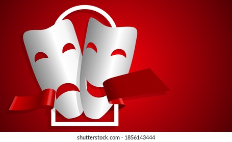 white comedy and tragic theatrical masks on red background in paper style with red ribbon and frame. heatrical premieres, circus poster. Vector