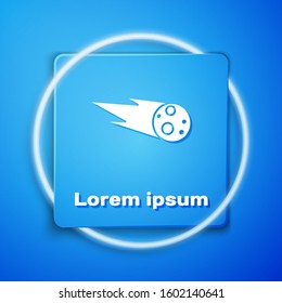 White Comet falling down fast icon isolated on blue background. Blue square button. Vector Illustration