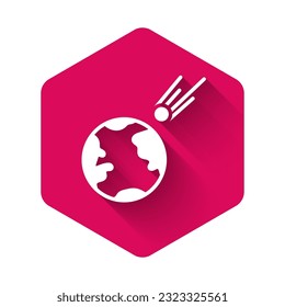 White Comet falling down fast icon isolated with long shadow. Pink hexagon button. Vector Illustration