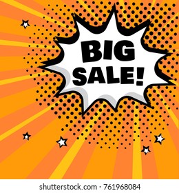 White comic bubble with BIG SALE word on orange background. Comic sound effects in pop art style. Vector illustration.