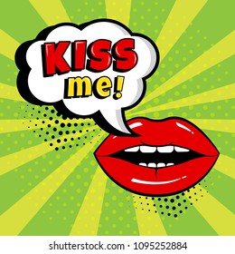 White comic bubble with KISS ME word and red lips on green background.  Card in pop art style. Vector illustration