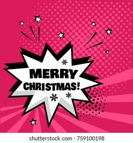 White comic bubble with MERRY CHRISTMAS word on pink background. Comic sound effects in pop art style. Vector illustration.