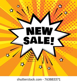 White comic bubble with NEW SALE word on orange background. Comic sound effects in pop art style. Vector illustration.