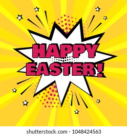 White comic bubble with pink Happy Easter word on yellow background. Comic sound effects in pop art style. Vector illustration