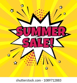 White comic bubble with SUMMER SALE word on yellow background. Comic sound effects in pop art style. Vector illustration.
