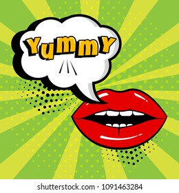 White comic bubble with YUMMY word and red lips on green background.  Card in pop art style. Vector illustration