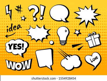 White comic elements and speech bubbles on yellow halftone dots background in pop art style. Vector illustration