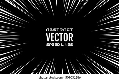 White comic radial speed Lines on black base in 16:10 ratio. Effect power explosion illustration. Comic book design element. Graphic Explosion with Speed Lines in comic book style. Vector Illustration
