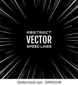 White comic radial speed Lines on black base. Effect power explosion illustration. Comic book design element. Graphic Explosion with Speed Lines in comic book style. Vector Illustration