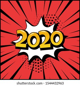 White Comic Speech Bubble With Yellow 2020 Word On Red Background. Comic Sound Effects In Pop Art Style. Vector Illustration