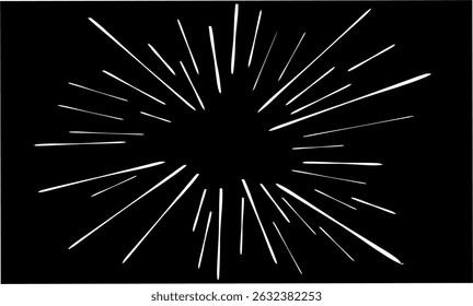 White comic-style radial speed lines on a black background. This dynamic burst effect is ideal for manga, pop art, or high-energy visual designs in posters, comics, and digital illustrations.