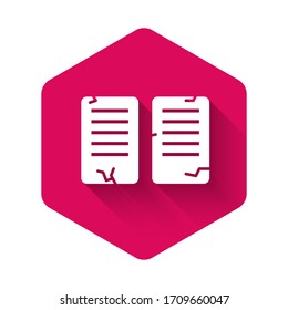 White The commandments icon isolated with long shadow. Gods law concept. Pink hexagon button. Vector Illustration