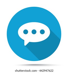 White Comment icon on blue button isolated on white