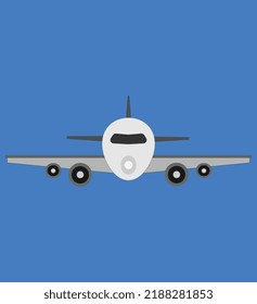 Weißes kommerzielles Flugzeug von vorne auf blauem Hintergrund