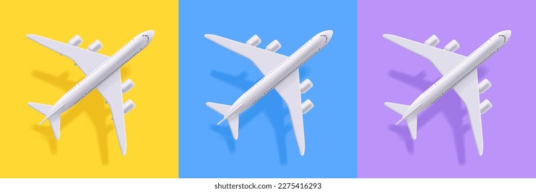 White commercial passenger airplane jet top view realistic vector isolated on different background set. Civil aviationicon detailed icon for tourism and travel concept design