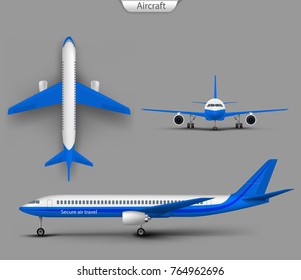 White commercial passenger airplane or personal business jet top, front, side view realistic vector isolated on gray. Civil aviation landed, aircraft template for tourism and travel concept design