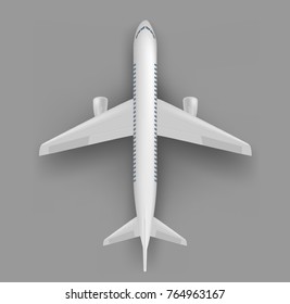 White commercial passenger airplane or personal business jet top view realistic vector isolated on gray. Civil aviation landed aircraft blank template for tourism and travel concept design