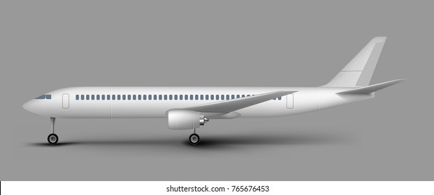 White commercial passenger airplane or personal business jet side view realistic vector isolated on gray. Civil aviation landed aircraft blank template for tourism and travel concept design