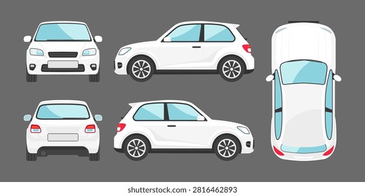 White Compact Hatchback EV Car Vector Set with Front Rear Side and Top View Isolated Electric Vehicle Illustration for Transportation Design