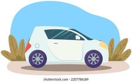 White compact hatchback vehicle with blue small windows and yellow headlamps. Subcompact automobile, baby car. Vector illustration of mini car isolated on white background. Parked outside vehicle