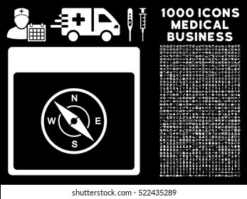 White Compass Calendar Page vector icon with 1000 medical business pictograms. Set style is flat symbols, white color, black background.