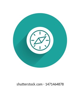 White Compass icon isolated with long shadow. Windrose navigation symbol. Wind rose sign. Green circle button. Vector Illustration