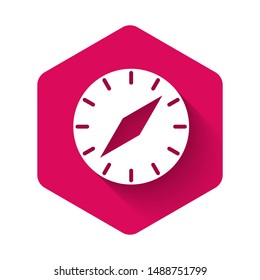 White Compass icon isolated with long shadow. Windrose navigation symbol. Wind rose sign. Pink hexagon button. Vector Illustration
