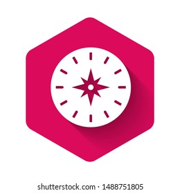 White Compass icon isolated with long shadow. Windrose navigation symbol. Wind rose sign. Pink hexagon button. Vector Illustration