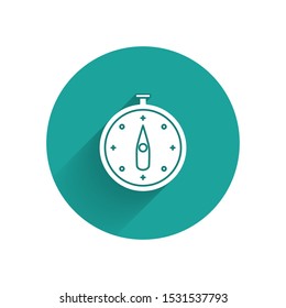 White Compass icon isolated with long shadow. Windrose navigation symbol. Wind rose sign. Green circle button. Vector Illustration
