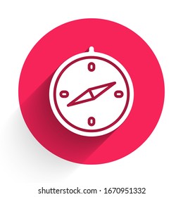 White Compass icon isolated with long shadow. Windrose navigation symbol. Wind rose sign. Red circle button. Vector Illustration