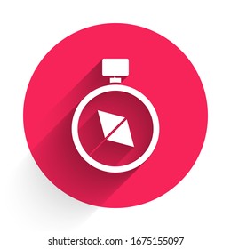 White Compass icon isolated with long shadow. Windrose navigation symbol. Wind rose sign. Red circle button. Vector Illustration